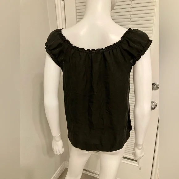 White House black market black silk shirt short sleeve button embroidered SZ- M - Picture 6 of 7